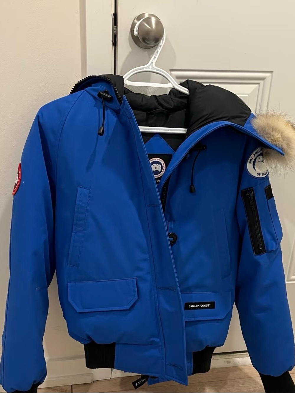 Canada Goose Royal Blue Hooded Puffer Jacket with Fur Trim